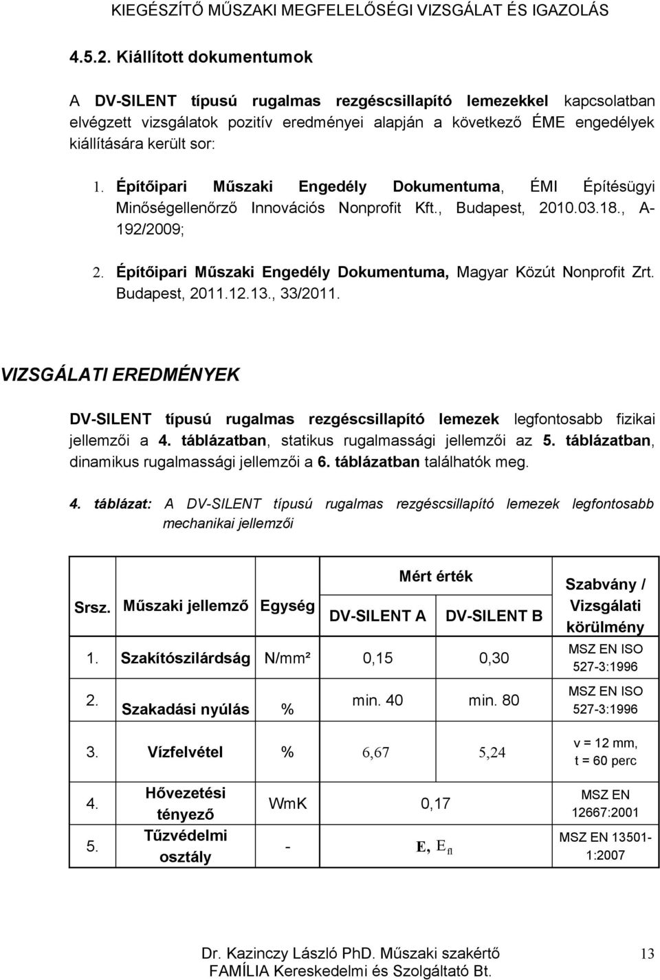 Építőipari Műszaki Engedély Dokumentuma, ÉMI Építésügyi Minőségellenőrző Innovációs Nonprofit Kft., Budapest, 2010.03.18., A- 192/2009; 2.