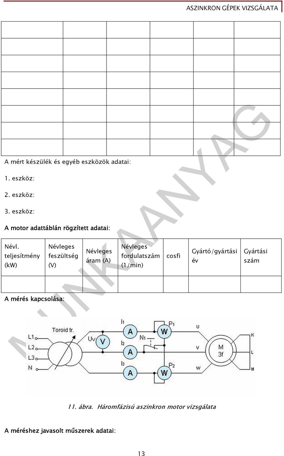 teljesítmény (kw) Névleges feszültség (V) A mérés kapcsolása: Névleges áram (A) Névleges