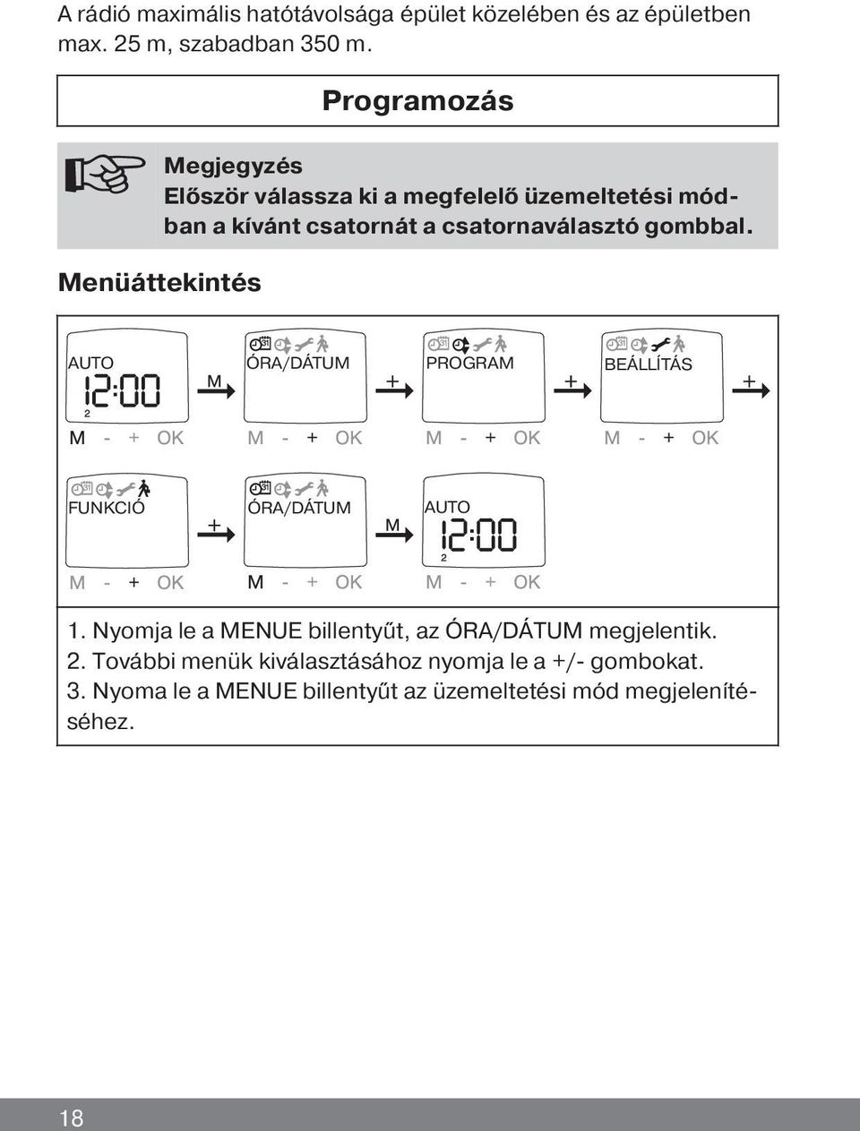 gombbal. Menüáttekintés AUTO ÓRA/DÁTUM PROGRAM BEÁLLÍTÁS FUNKCIÓ ÓRA/DÁTUM AUTO 1.