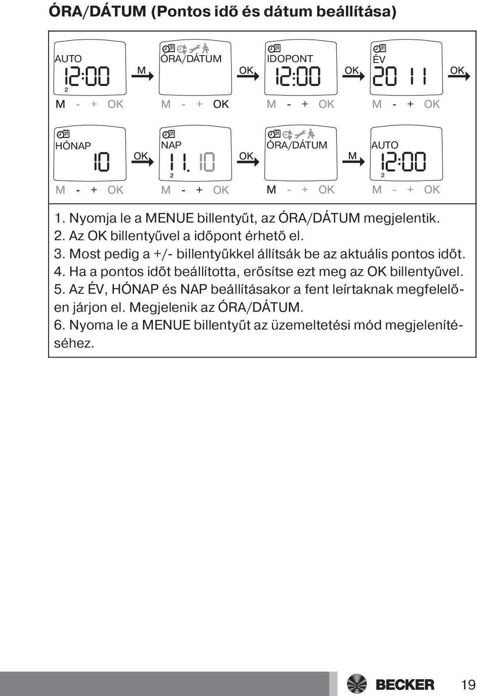 Most pedig a +/- billentyűkkel állítsák be az aktuális pontos időt. 4.