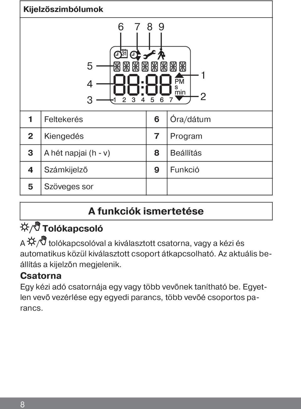 a kézi és automatikus közül kiválasztott csoport átkapcsolható. Az aktuális beállítás a kijelzőn megjelenik.