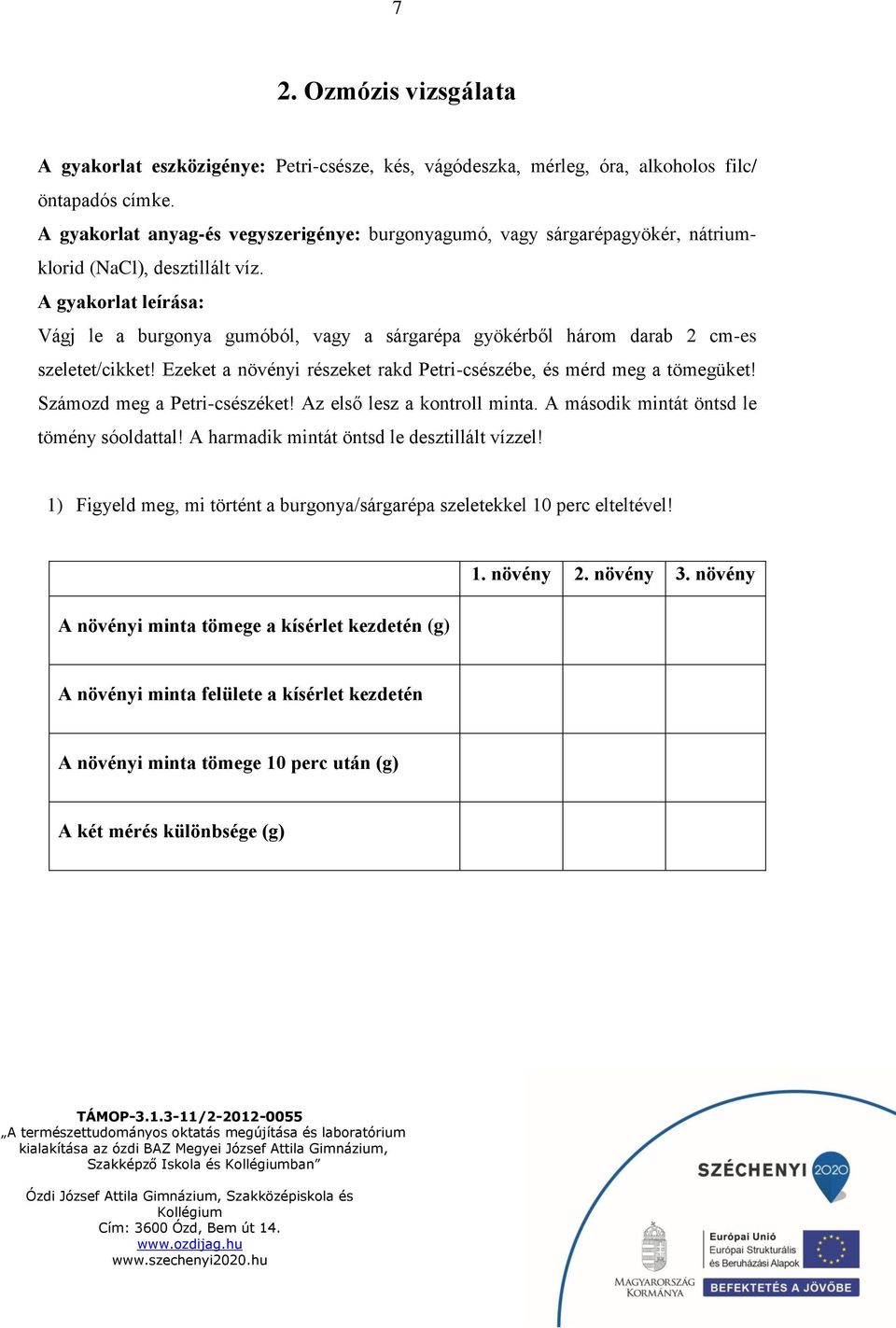 A gyakorlat leírása: Vágj le a burgonya gumóból, vagy a sárgarépa gyökérből három darab 2 cm-es szeletet/cikket! Ezeket a növényi részeket rakd Petri-csészébe, és mérd meg a tömegüket!