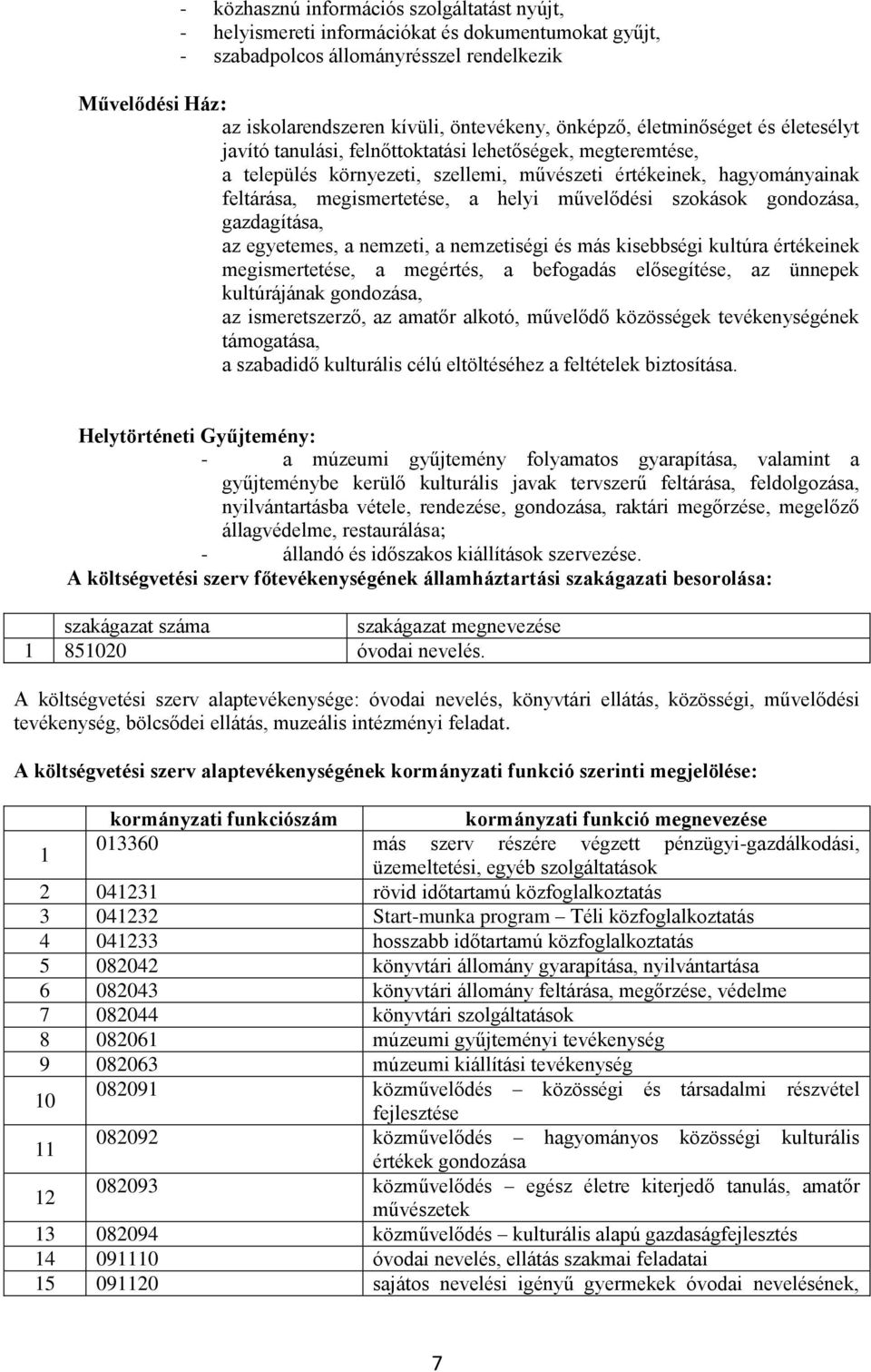 helyi művelődési szokások gondozása, gazdagítása, az egyetemes, a nemzeti, a nemzetiségi és más kisebbségi kultúra értékeinek megismertetése, a megértés, a befogadás elősegítése, az ünnepek