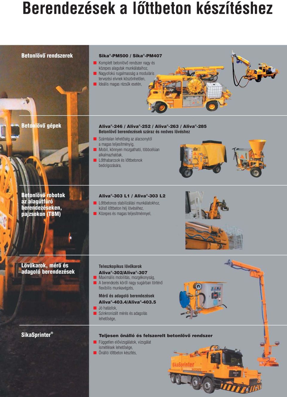a magas teljesítményig, Mobil, könnyen mozgatható, többcélúan alkalmazhatóak, Lôtthabarcsok és lôttbetonok bedolgozására, Betonlövô robotok az alagútfúró berendezéseken, pajzsokon (TBM) Aliva -303 L1