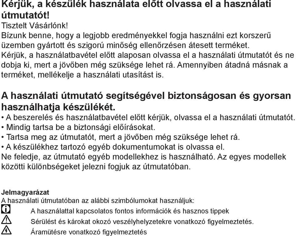 Kérjük, a használatbavétel előtt alaposan olvassa el a használati útmutatót és ne dobja ki, mert a jövőben még szüksége lehet rá.