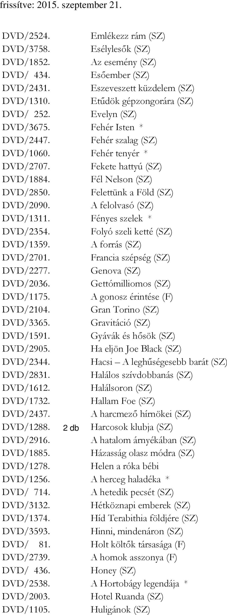 A felolvasó (SZ) DVD/1311. Fényes szelek * DVD/2354. Folyó szeli ketté (SZ) DVD/1359. A forrás (SZ) DVD/2701. Francia szépség (SZ) DVD/2277. Genova (SZ) DVD/2036. Gettómilliomos (SZ) DVD/1175.