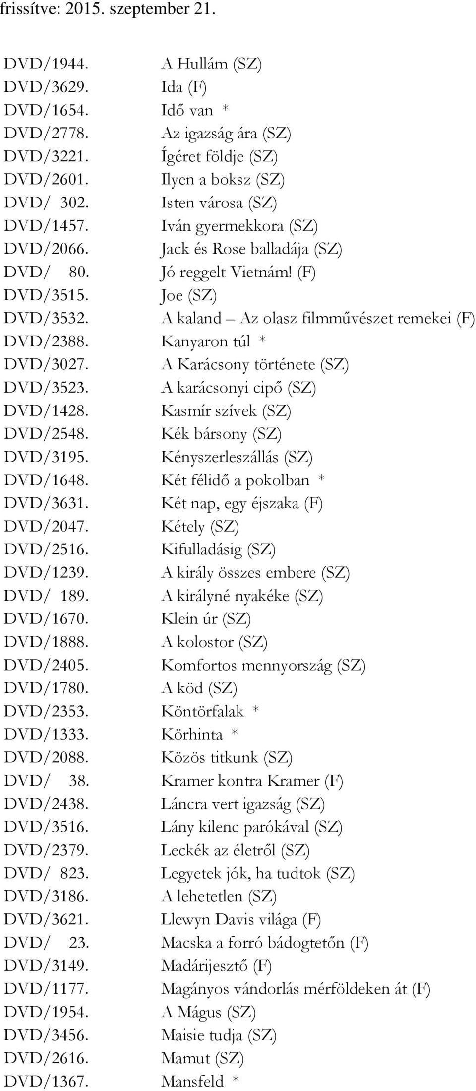 A Karácsony története (SZ) DVD/3523. A karácsonyi cipő (SZ) DVD/1428. Kasmír szívek (SZ) DVD/2548. Kék bársony (SZ) DVD/3195. Kényszerleszállás (SZ) DVD/1648. Két félidő a pokolban * DVD/3631.
