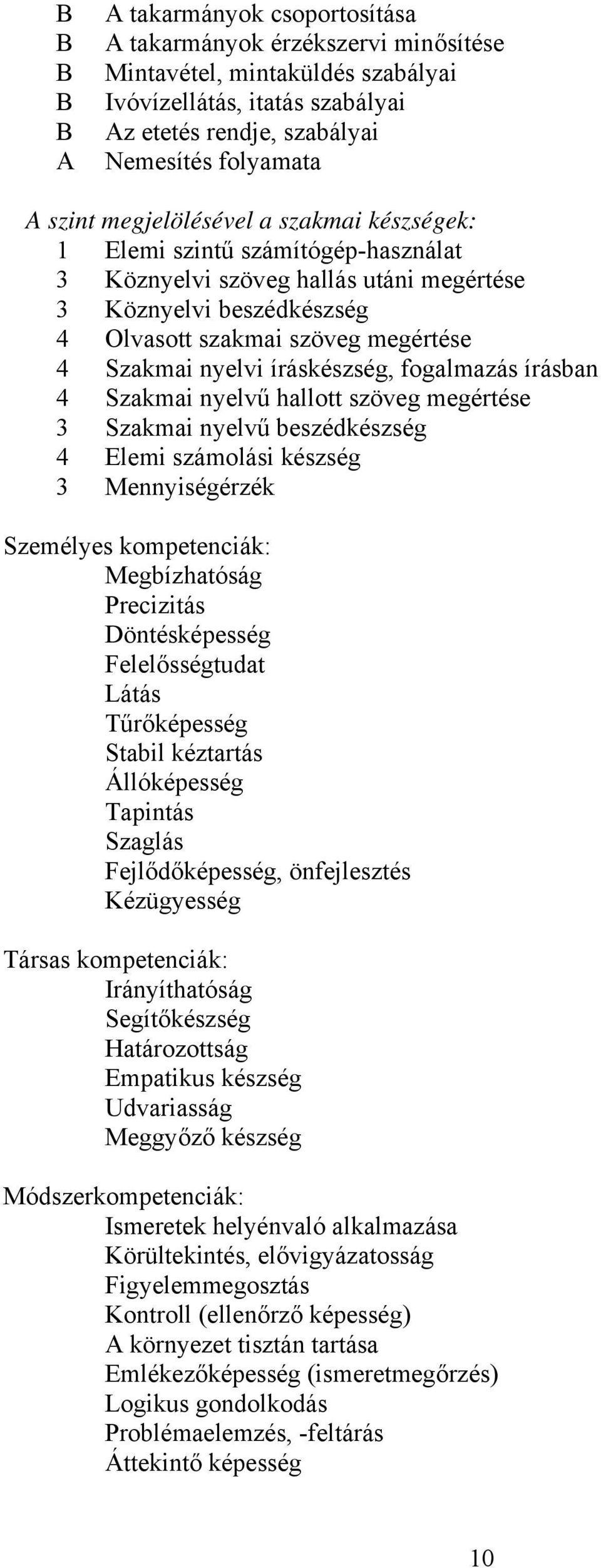 íráskészség, fogalmazás írásban 4 Szakmai nyelvű hallott szöveg megértése 3 Szakmai nyelvű beszédkészség 4 Elemi számolási készség 3 Mennyiségérzék Személyes kompetenciák: Megbízhatóság Precizitás