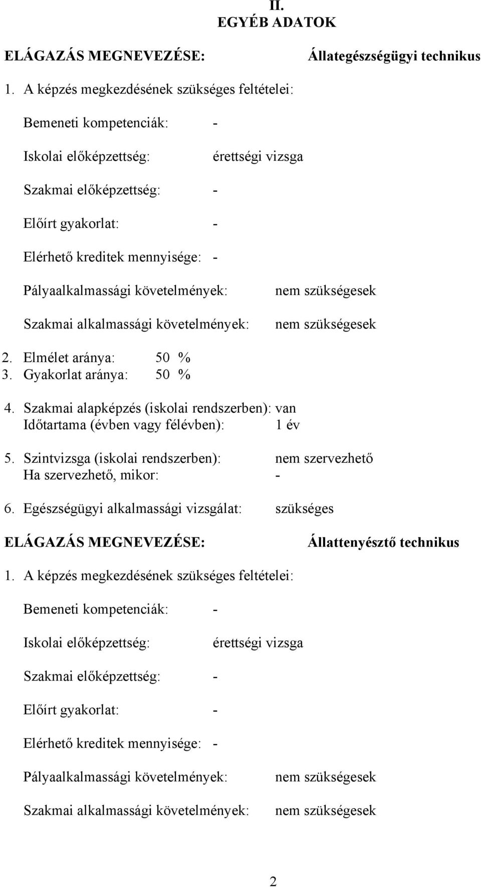 Pályaalkalmassági követelmények: Szakmai alkalmassági követelmények: nem szükségesek nem szükségesek 2. Elmélet aránya: 50 % 3. Gyakorlat aránya: 50 % 4.