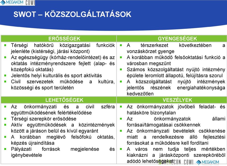 felértékelődése Térségi szerepkör erősödése Aktív együttműködések a közintézmények között a járáson belül és kívül egyaránt A korábban meglévő felsőfokú oktatás, képzés újraindítása Pályázati