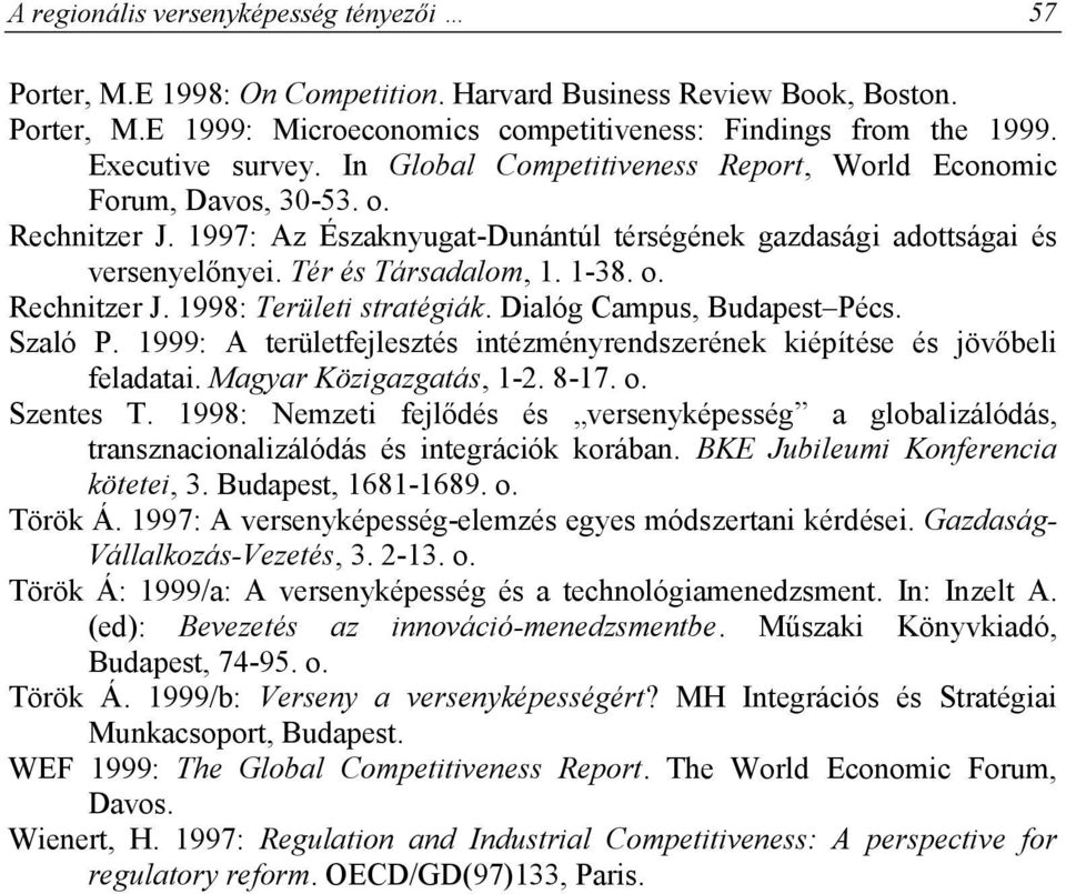 Tér és Társadalom, 1. 1-38. o. Rechnitzer J. 1998: Területi stratégiák. Dialóg Campus, Budapest Pécs. Szaló P. 1999: A területfejlesztés intézményrendszerének kiépítése és jövőbeli feladatai.