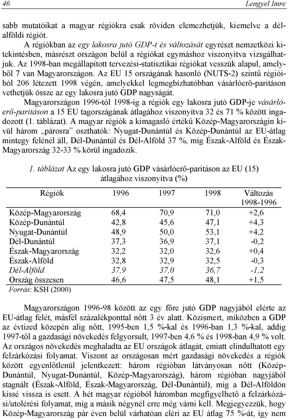 Az 1998-ban megállapított tervezési-statisztikai régiókat vesszük alapul, amelyből 7 van Magyarországon.
