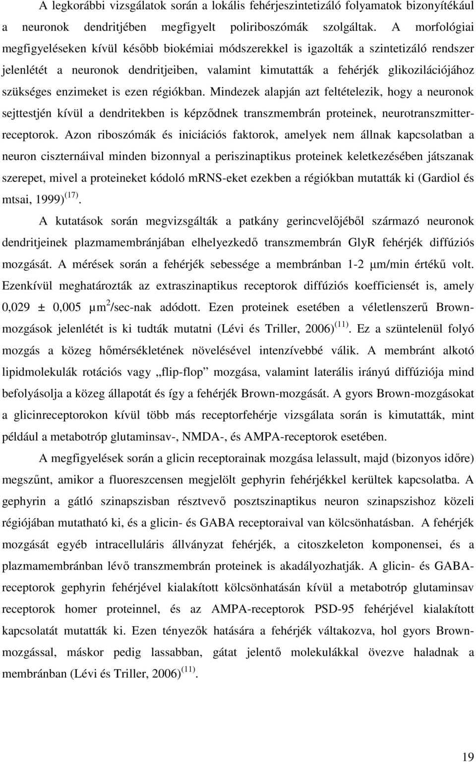 enzimeket is ezen régiókban. Mindezek alapján azt feltételezik, hogy a neuronok sejttestjén kívül a dendritekben is képződnek transzmembrán proteinek, neurotranszmitterreceptorok.