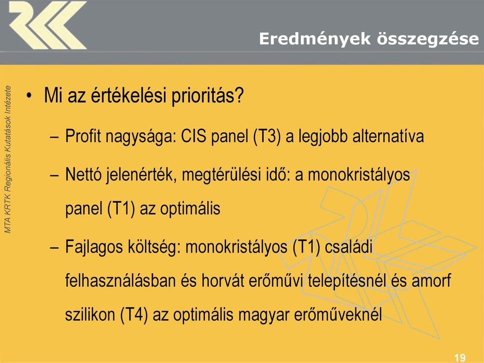 megtérülési idő: a monokristályos panel (T1) az optimális Fajlagos költség: