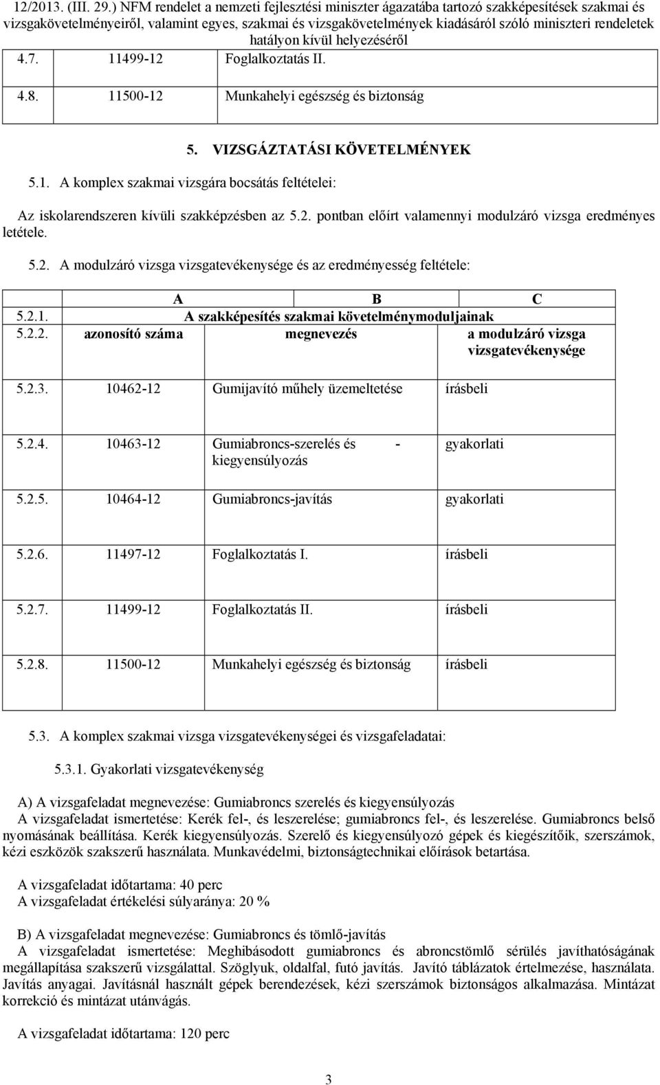 2.3. 10462-12 Gumijavító műhely üzemeltetése írásbeli 5.2.4. 10463-12 Gumiabroncs-szerelés és - kiegyensúlyozás gyakorlati 5.2.5. 10464-12 Gumiabroncs-javítás gyakorlati 5.2.6. 11497-12 Foglalkoztatás I.