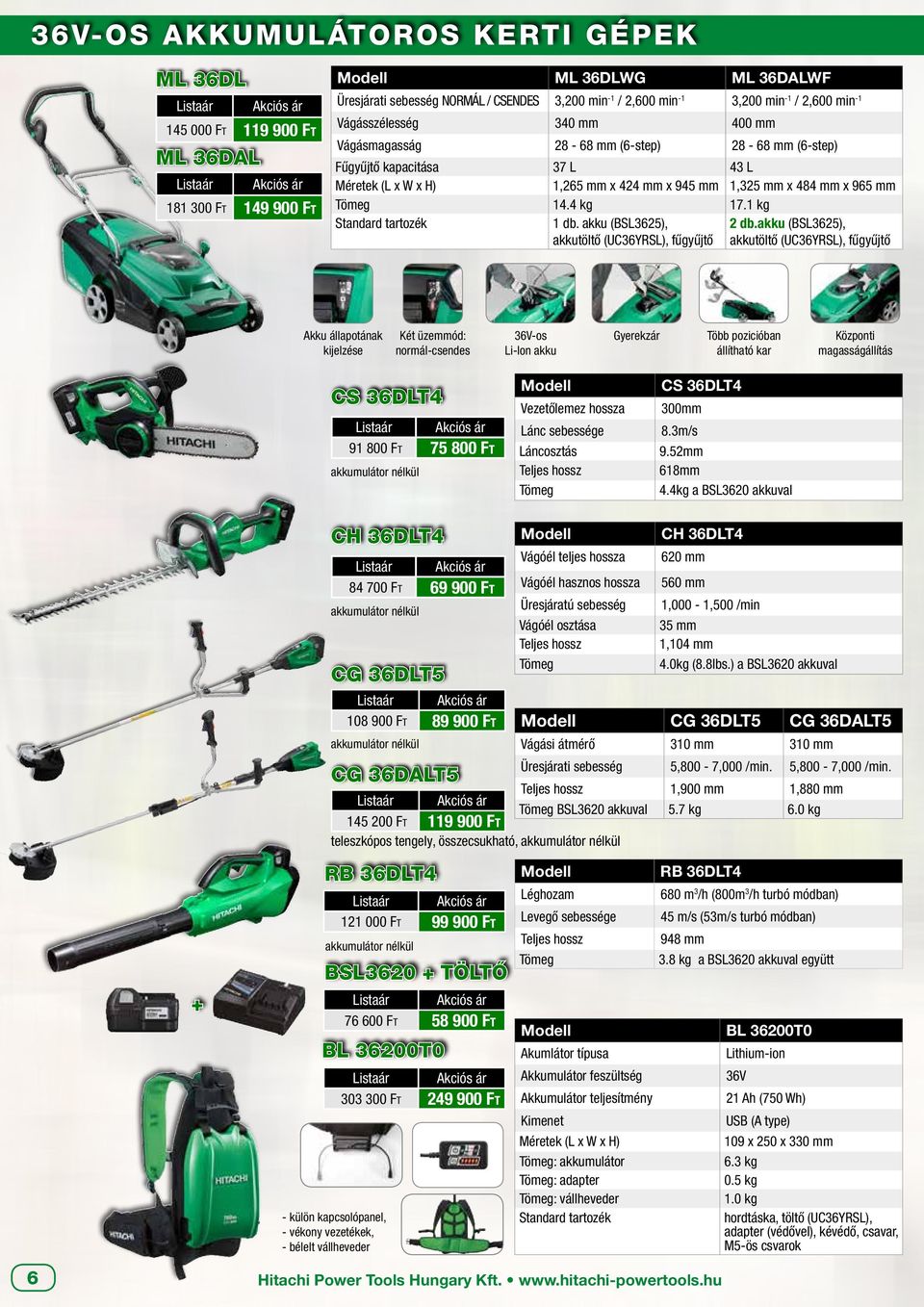 4 kg 17.1 kg Standard tartozék 1 db. akku (BSL3625), akkutöltő (UC36YRSL), fűgyűjtő 2 db.