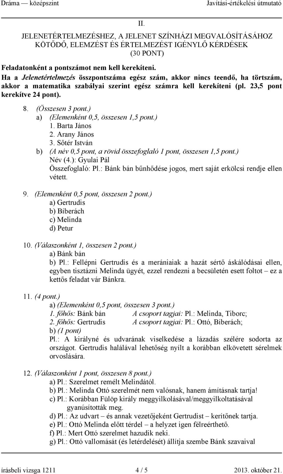 (Összesen 3 pont.) a) (Elemenként 0,5, összesen 1,5 pont.) 1. Barta János 2. Arany János 3. Sőtér István b) (A név 0,5 pont, a rövid összefoglaló 1 pont, összesen 1,5 pont.) Név (4.