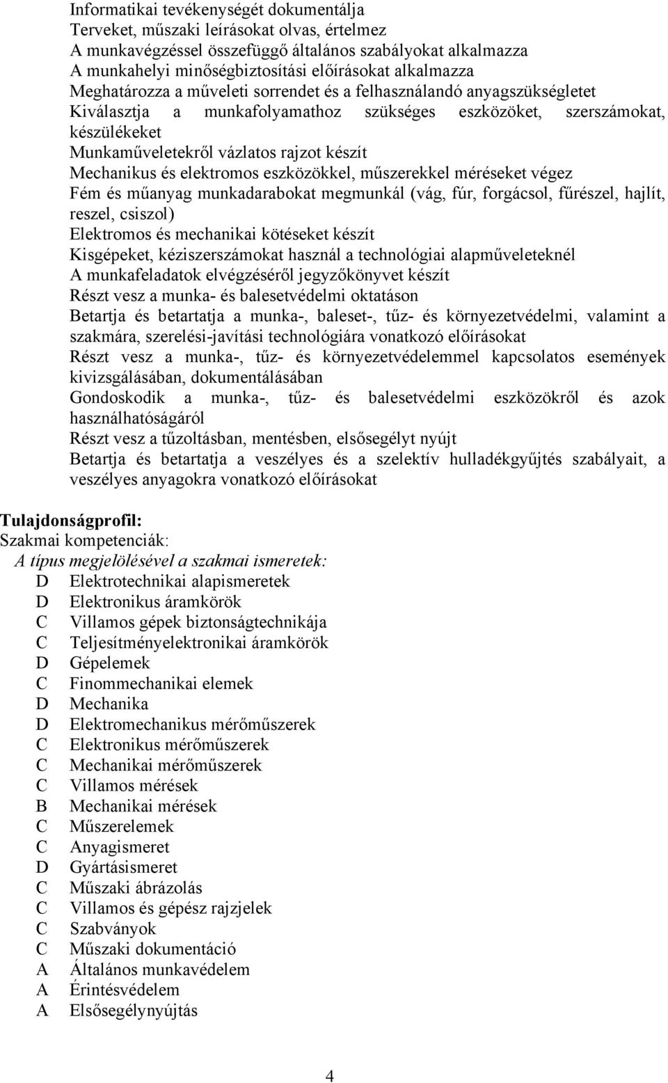 készít Mechanikus és elektromos eszközökkel, műszerekkel méréseket végez Fém és műanyag munkadarabokat megmunkál (vág, fúr, forgácsol, fűrészel, hajlít, reszel, csiszol) Elektromos és mechanikai