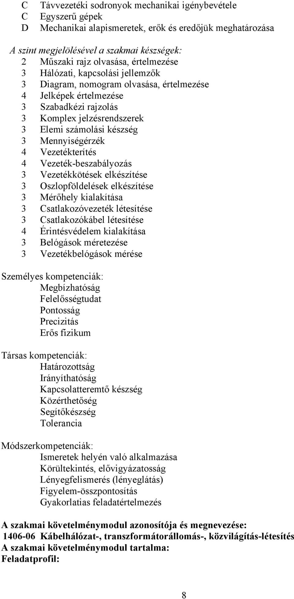 Mennyiségérzék 4 Vezetékterítés 4 Vezeték-beszabályozás 3 Vezetékkötések elkészítése 3 Oszlopföldelések elkészítése 3 Mérőhely kialakítása 3 Csatlakozóvezeték létesítése 3 Csatlakozókábel létesítése