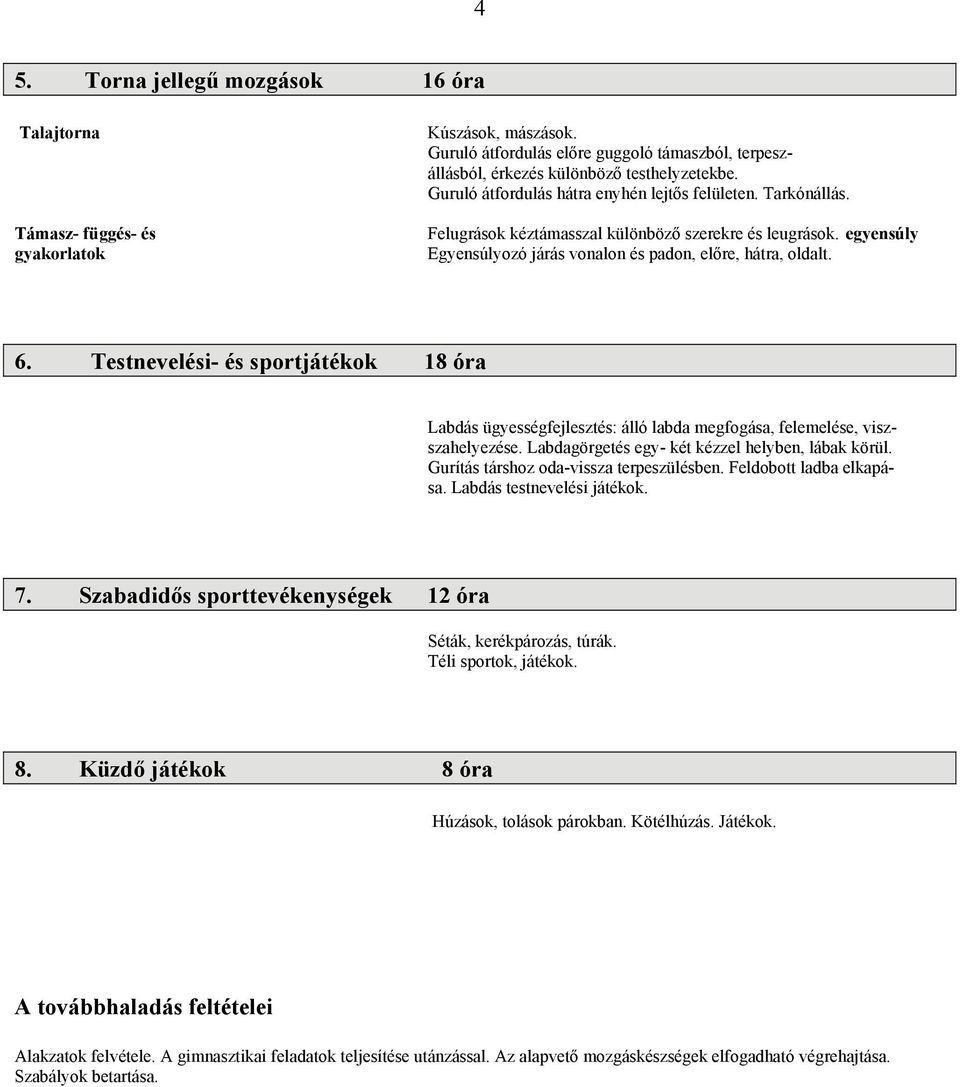 Testnevelési- és sportjátékok 18 óra Labdás ügyességfejlesztés: álló labda megfogása, felemelése, viszszahelyezése. Labdagörgetés egy- két kézzel helyben, lábak körül.