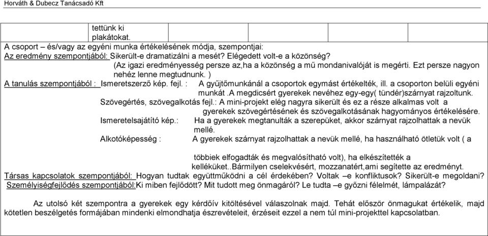 : A gyűjtőmunkánál a csoportok egymást értékelték, ill. a csoporton belüli egyéni munkát.a megdicsért gyerekek nevéhez egy-egy( tündér)szárnyat rajzoltunk. Szövegértés, szövegalkotás fejl.