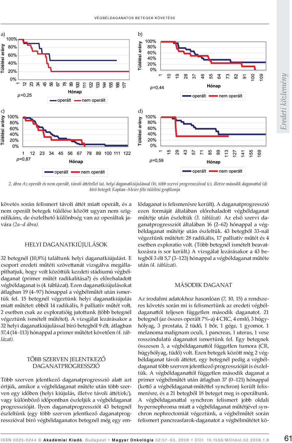 követés során felismert távoli áttét miatt operált, és a nem operált betegek túlélése között ugyan nem szignifikáns, de észlelhető különbség van az operáltak javára (2a d ábra).