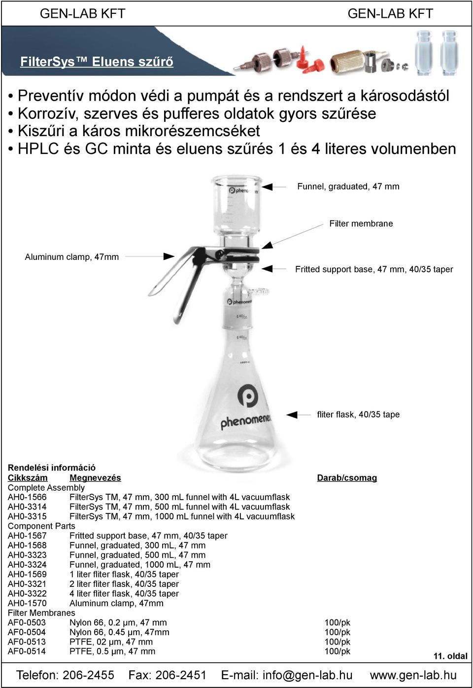 Megnevezés Complete Assembly AH0-1566 FilterSys TM, 47 mm, 300 ml funnel with 4L vacuumflask AH0-3314 FilterSys TM, 47 mm, 500 ml funnel with 4L vacuumflask AH0-3315 FilterSys TM, 47 mm, 1000 ml