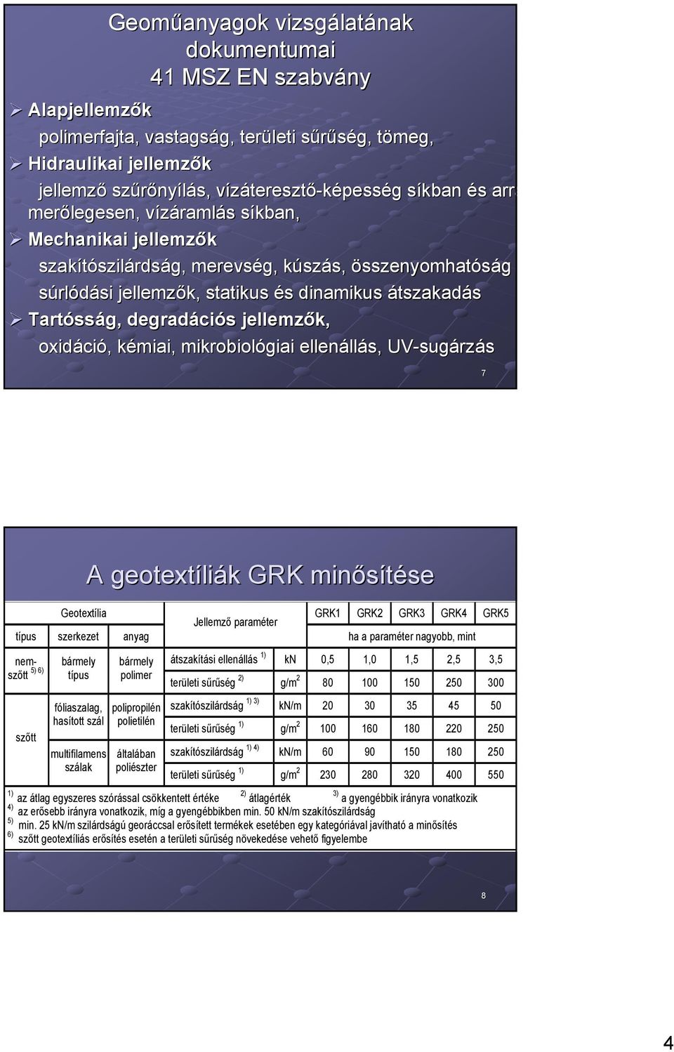 s dinamikus átszakadás Tartóss sság, degradáci ciós s jellemzők, oxidáci ció,, kémiai, k mikrobiológiai ellenáll llás, UVsug sugárzás 7 geotextíli liák GRK minősítése se Geotextília GRK1 GRK2 GRK3