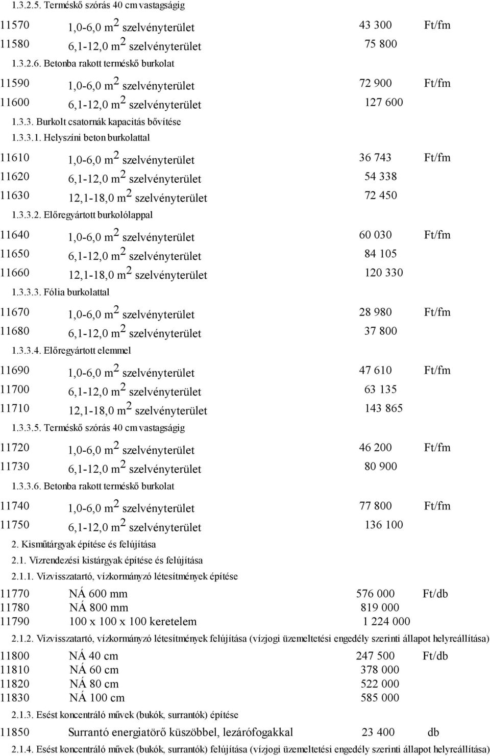 3.3.1. Helyszíni beton burkolattal 11610 1,0-6,0 m 2 