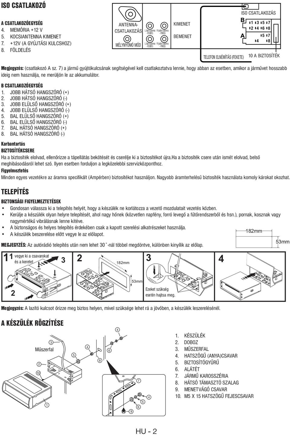 CSATLAKOZÁS 10 A BIZTOSÍTÉK Megjegyzés: (csatlakozó A sz.
