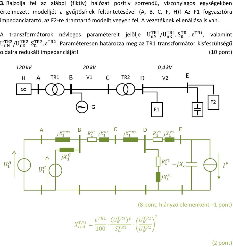 Az F1 fogyasztóra impedanciatartó, az F2-re áramtartó modellt vegyen fel. A vezetéknek ellenállása is van.