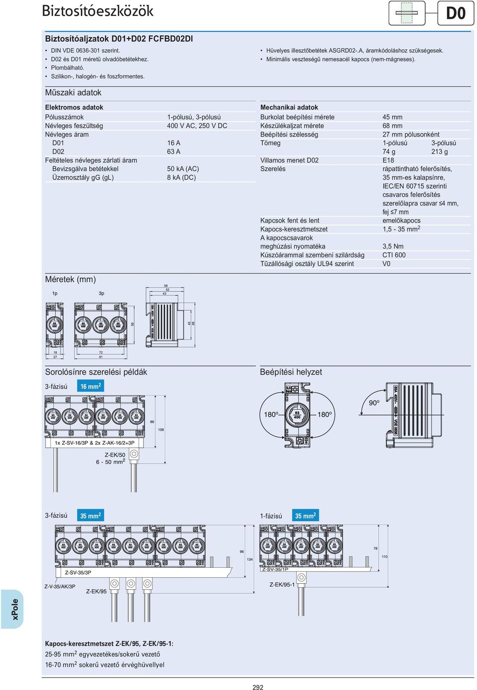 Pólusszámok Névleges feszültség Névleges áram D01 D02 Feltételes névleges zárlati áram Bevizsgálva betétekkel Üzemosztály gg (gl) 1-pólusú, 3-pólusú 400 V AC, 250 V DC 16 A 63 A 50 ka (AC) 8 ka (DC)