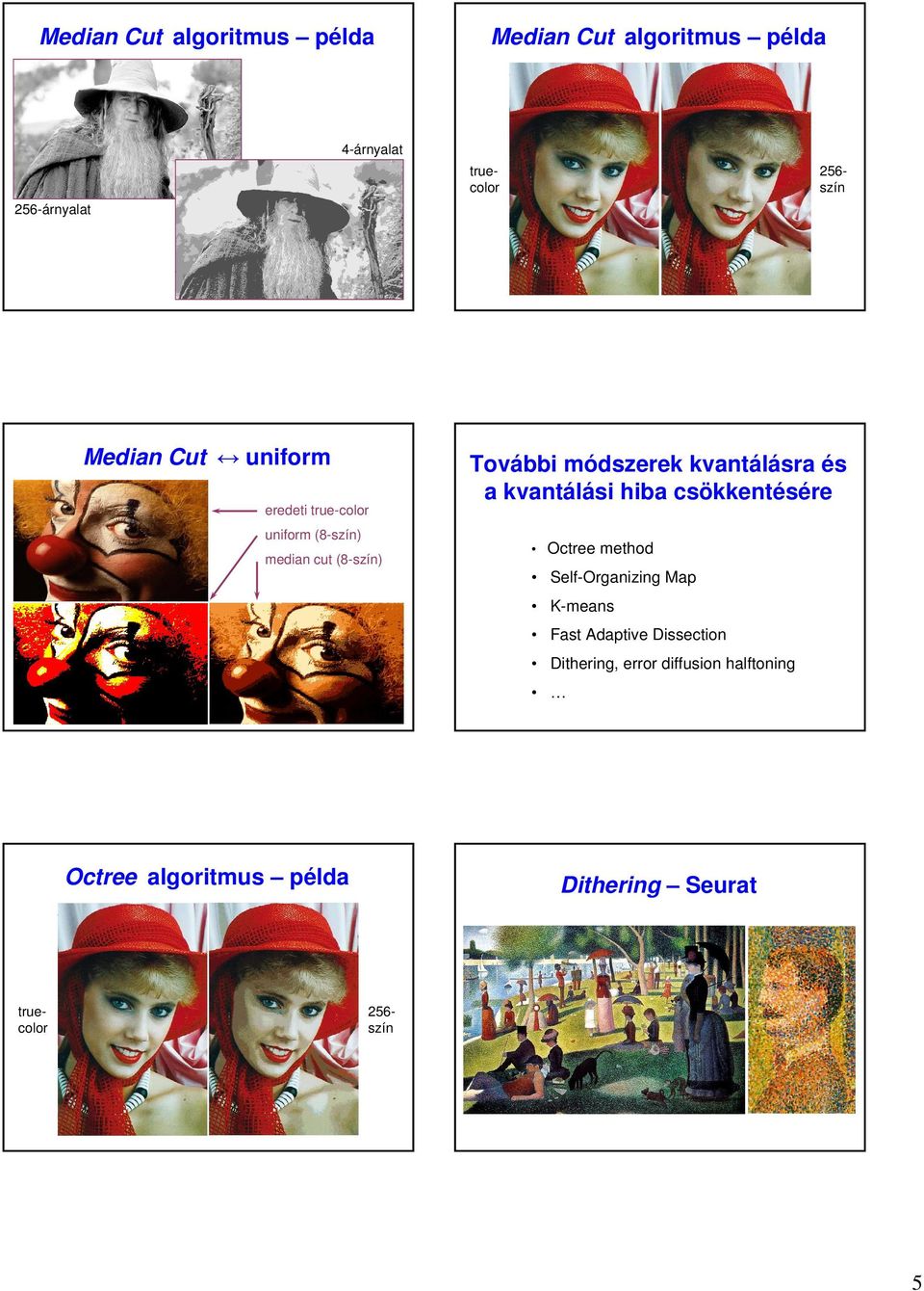 true-color uniform (8-szín) median cut (8-szín) Octree method Self-Organizing Map K-means Fast