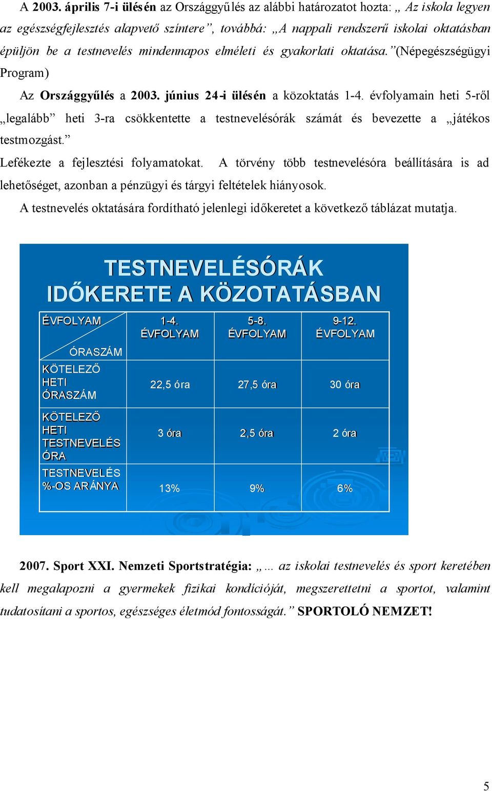 mindennapos elméleti és gyakorlati oktatása. (Népegészségügyi Program) Az Országgyűlés a 2003. június 24-i ülésén a közoktatás 1-4.