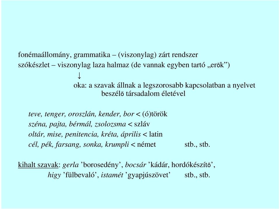 (ó)török széna, pajta, bérmál, zsolozsma < szláv oltár, mise, penitencia, kréta, április < latin cél, pék, farsang, sonka,