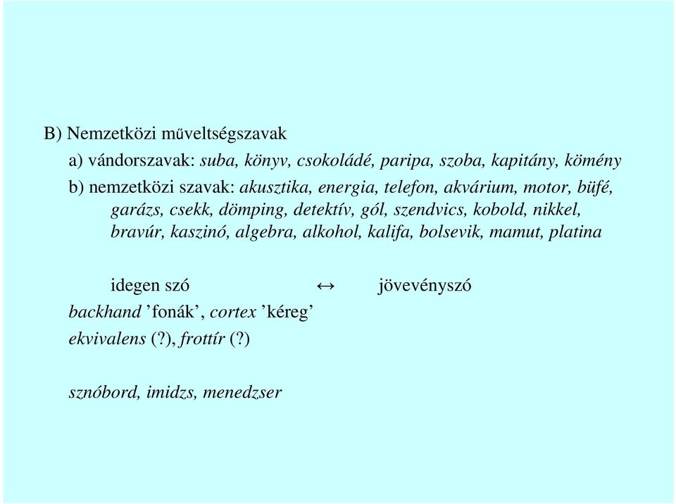 detektív, gól, szendvics, kobold, nikkel, bravúr, kaszinó, algebra, alkohol, kalifa, bolsevik, mamut,