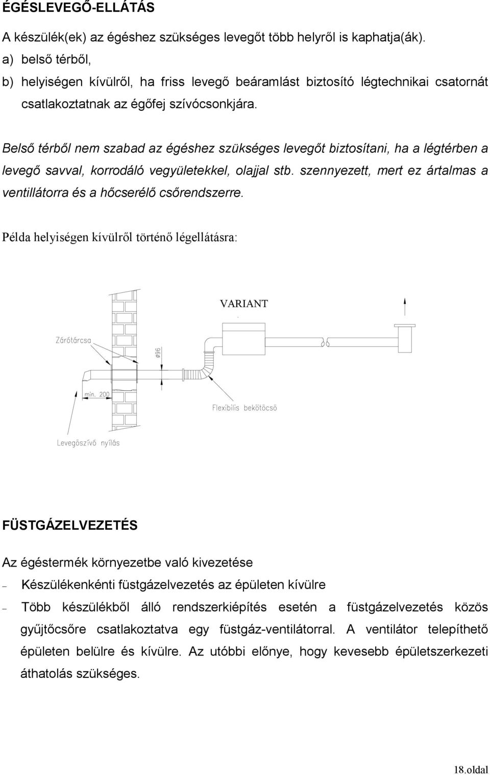 Belsı térbıl nem szabad az égéshez szükséges levegıt biztosítani, ha a légtérben a levegı savval, korrodáló vegyületekkel, olajjal stb.