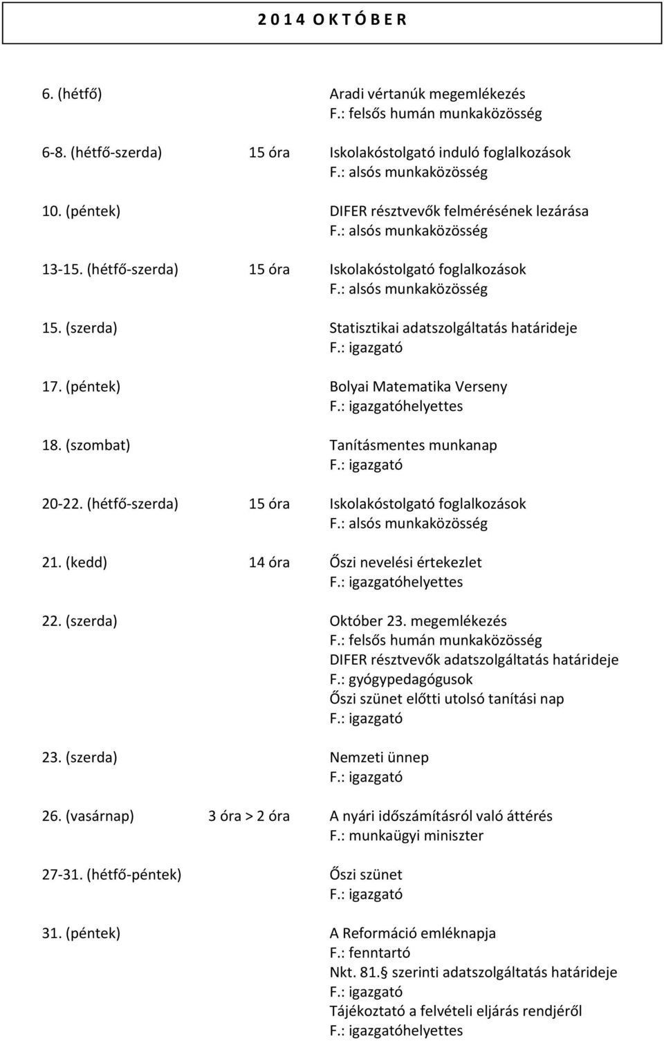 (péntek) Bolyai Matematika Verseny helyettes 18. (szombat) Tanításmentes munkanap 20 22. (hétfő szerda) 15 óra Iskolakóstolgató foglalkozások 21. (kedd) 14 óra Őszi nevelési értekezlet helyettes 22.