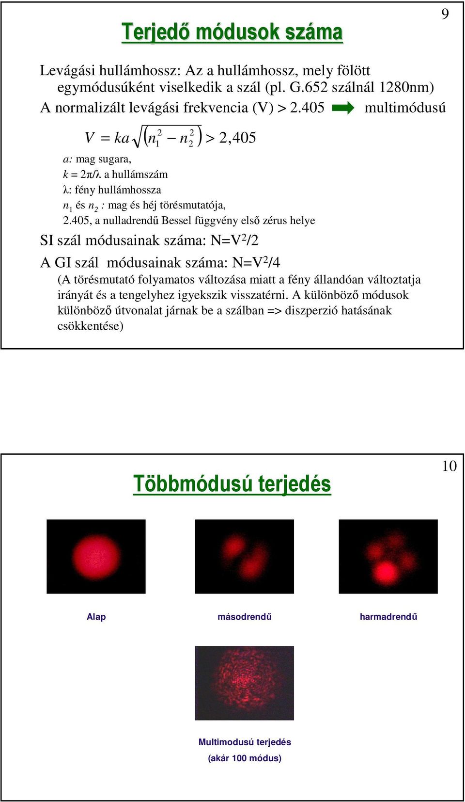405, a nulladrendű Bessel függvény első zérus helye SI szál módusainak száma: N=V 2 /2 A GI szál módusainak száma: N=V 2 /4 (A törésmutató folyamatos változása miatt a fény állandóan