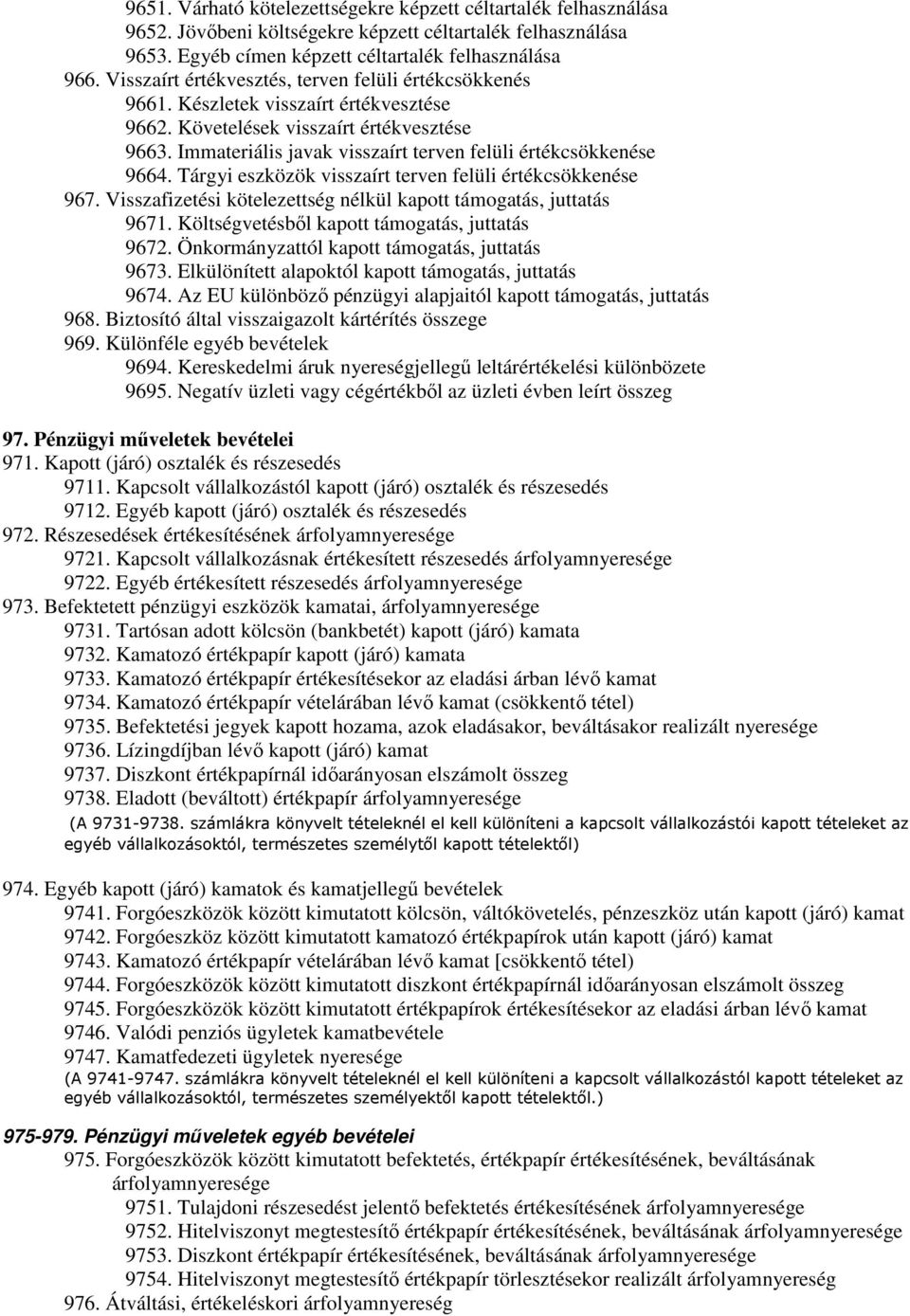 Immateriális javak visszaírt terven felüli értékcsökkenése 9664. Tárgyi eszközök visszaírt terven felüli értékcsökkenése 967. Visszafizetési kötelezettség nélkül kapott támogatás, juttatás 9671.