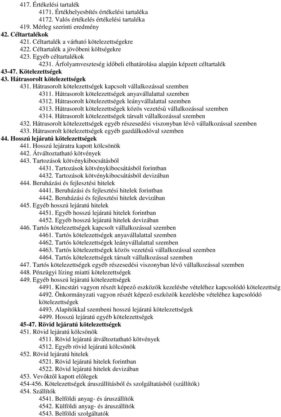 Kötelezettségek 43. Hátrasorolt kötelezettségek 431. Hátrasorolt kötelezettségek kapcsolt vállalkozással szemben 4311. Hátrasorolt kötelezettségek anyavállalattal szemben 4312.