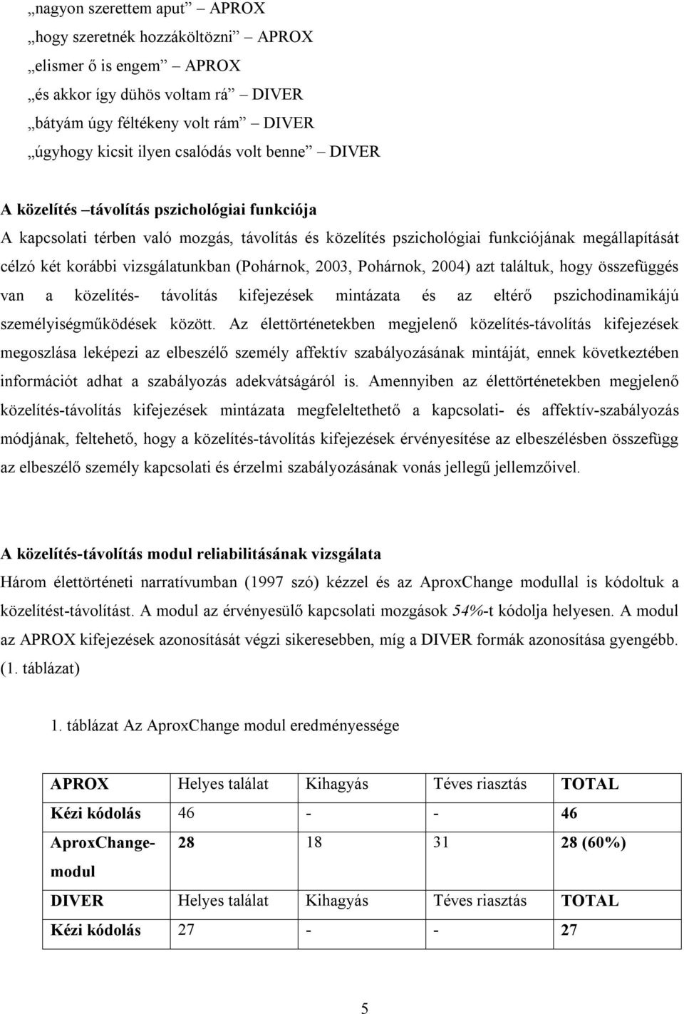 2003, Pohárnok, 2004) azt találtuk, hogy összefüggés van a közelítés- távolítás kifejezések mintázata és az eltérő pszichodinamikájú személyiségműködések között.