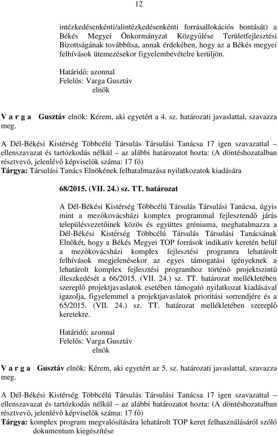 Tárgya: Társulási Tanács Elnökének felhatalmazása nyilatkozatok kiadására 68/2015. (VII. 24.) sz. TT.