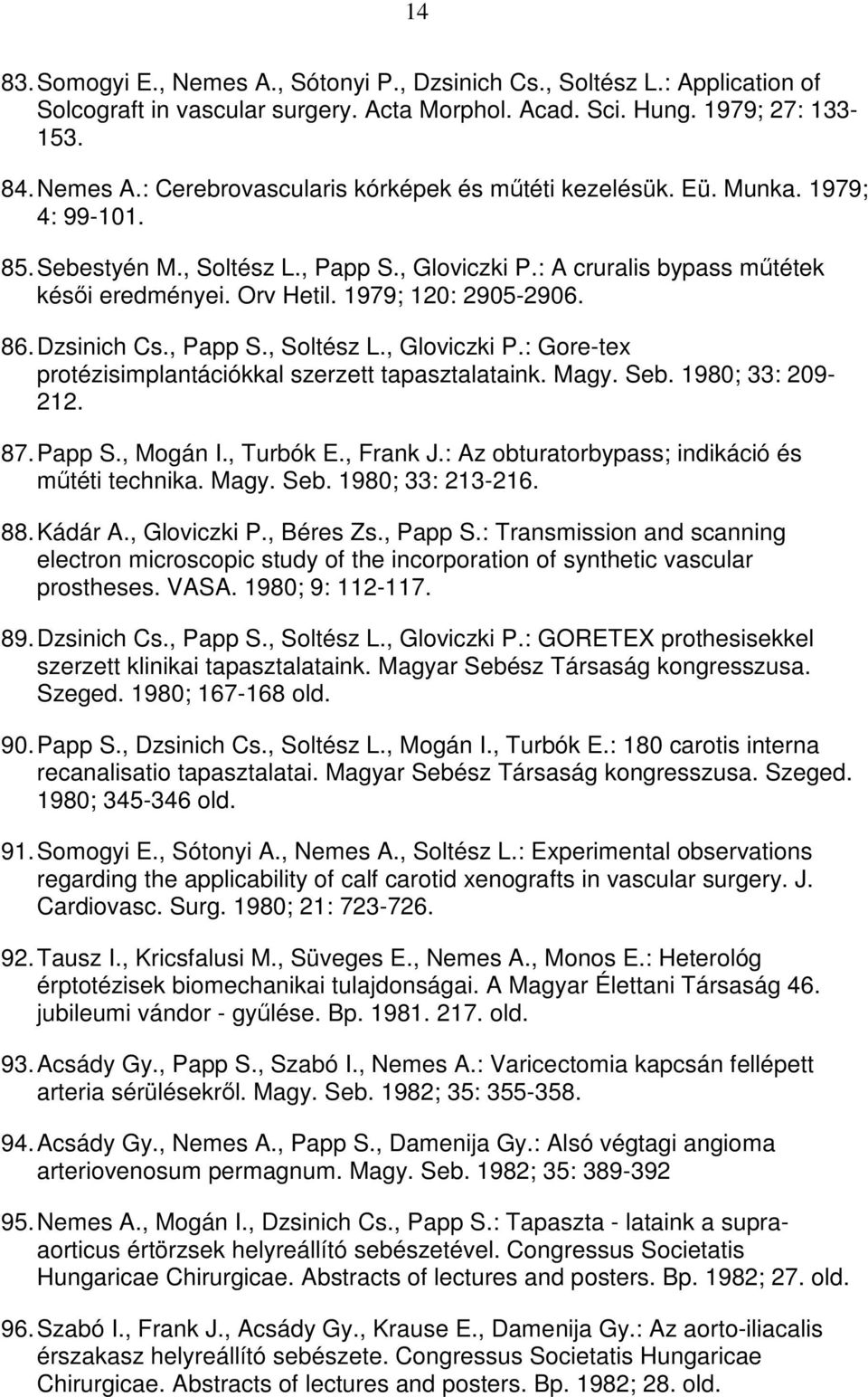 Magy. Seb. 1980; 33: 209-212. 87. Papp S., Mogán I., Turbók E., Frank J.: Az obturatorbypass; indikáció és műtéti technika. Magy. Seb. 1980; 33: 213-216. 88. Kádár A., Gloviczki P., Béres Zs., Papp S.
