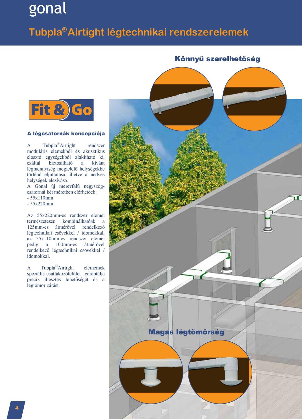 A Gonal új merevfalú négyszögcsatornái két méretben elérhetőek: - 55x110mm - 55x220mm Az 55x220mm-es rendszer elemei természetesen kombinálhatóak a 125mm-es átmérővel rendelkező légtechnikai