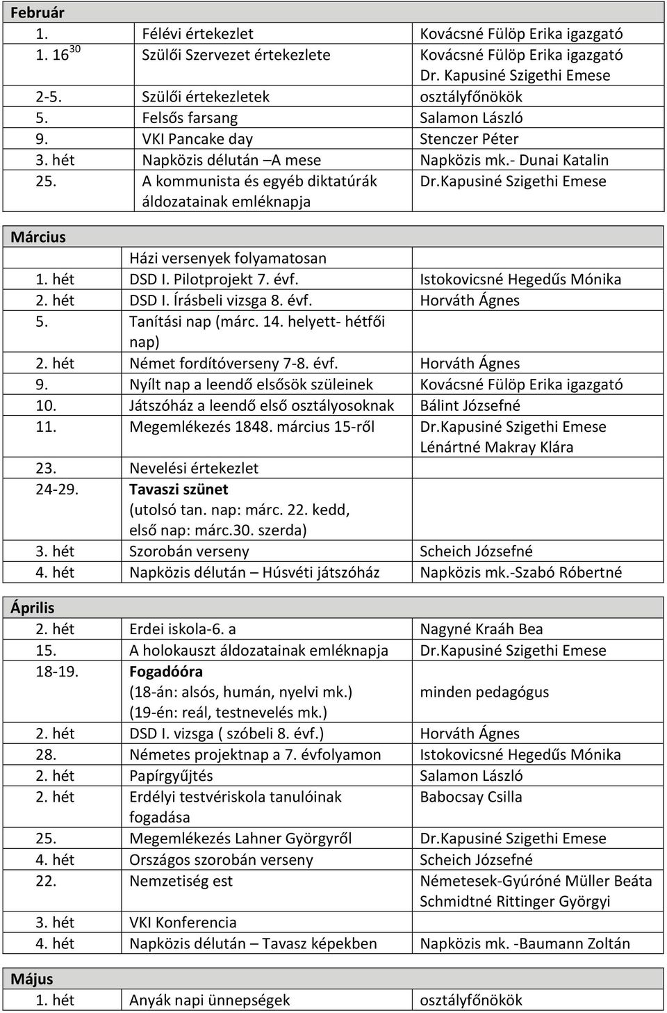 Pilotprojekt 7. évf. Istokovicsné Hegedűs Mónika 2. hét DSD I. Írásbeli vizsga 8. évf. 5. Tanítási nap (márc. 14. helyett- hétfői nap) 2. hét Német fordítóverseny 7-8. évf. 9.