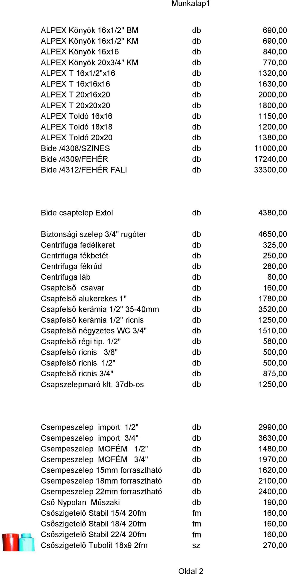 11000,00 db 17240,00 db 33300,00 Bide csaptelep Extol db 4380,00 Biztonsági szelep 3/4" rugóter db 4650,00 Centrifuga fedélkeret db 325,00 Centrifuga fékbetét db 250,00 Centrifuga fékrúd db 280,00