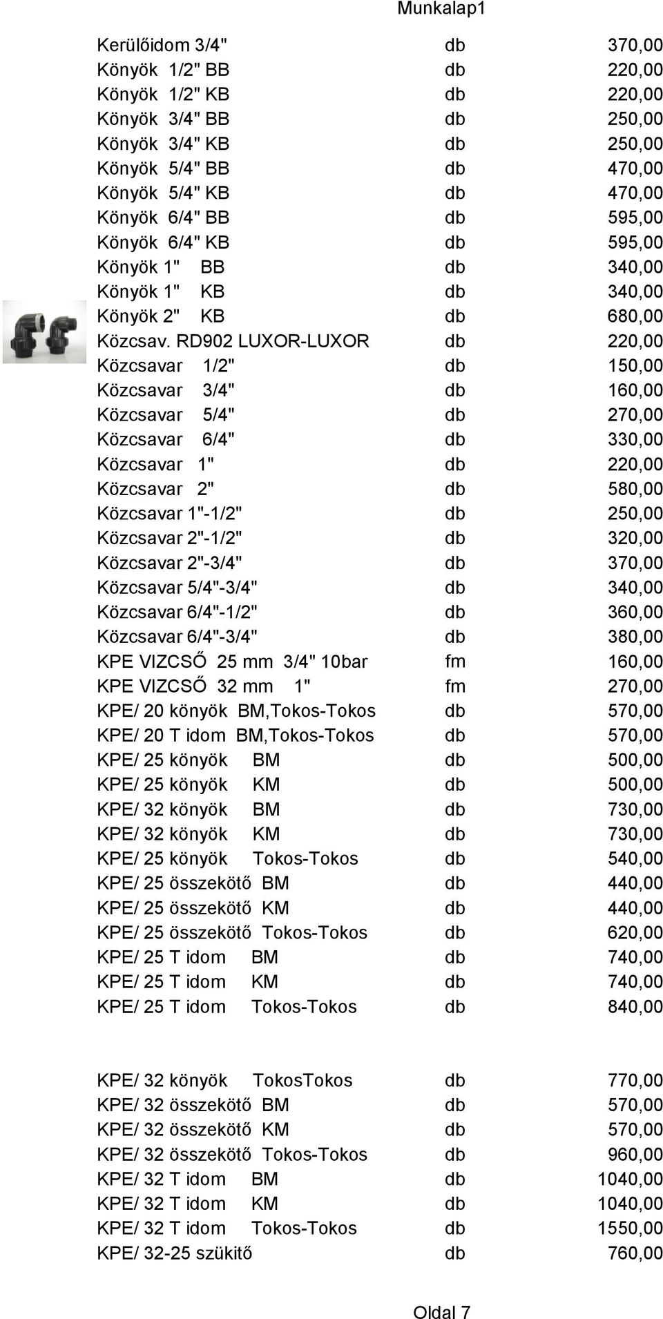 RD902 LUXOR-LUXOR db 220,00 Közcsavar 1/2" db 150,00 Közcsavar 3/4" db 160,00 Közcsavar 5/4" db 270,00 Közcsavar 6/4" db 330,00 Közcsavar 1" db 220,00 Közcsavar 2" db 580,00 Közcsavar 1"-1/2" db