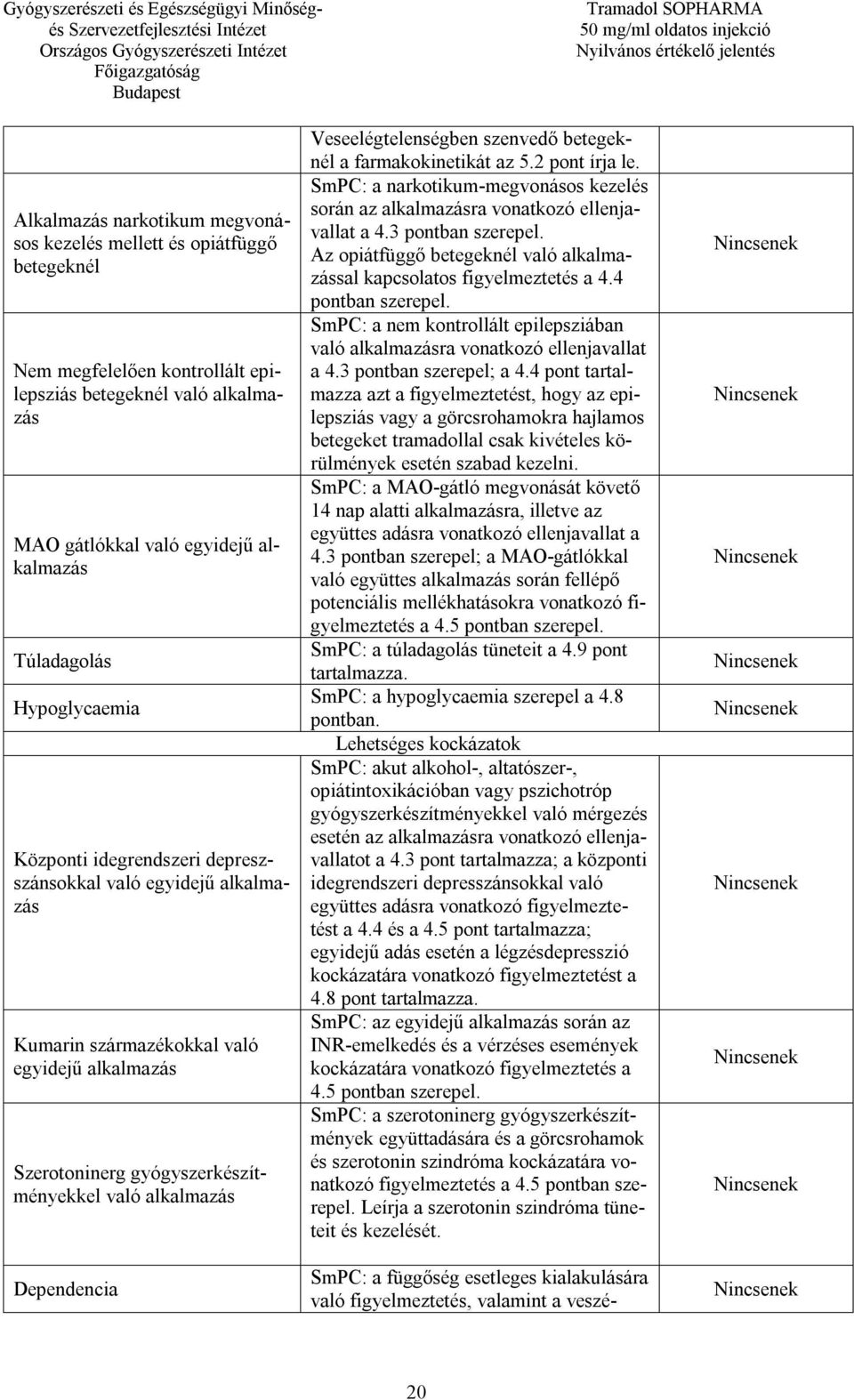Veseelégtelenségben szenvedő betegeknél a farmakokinetikát az 5.2 pont írja le. SmPC: a narkotikum-megvonásos kezelés során az alkalmazásra vonatkozó ellenjavallat a 4.3 pontban szerepel.