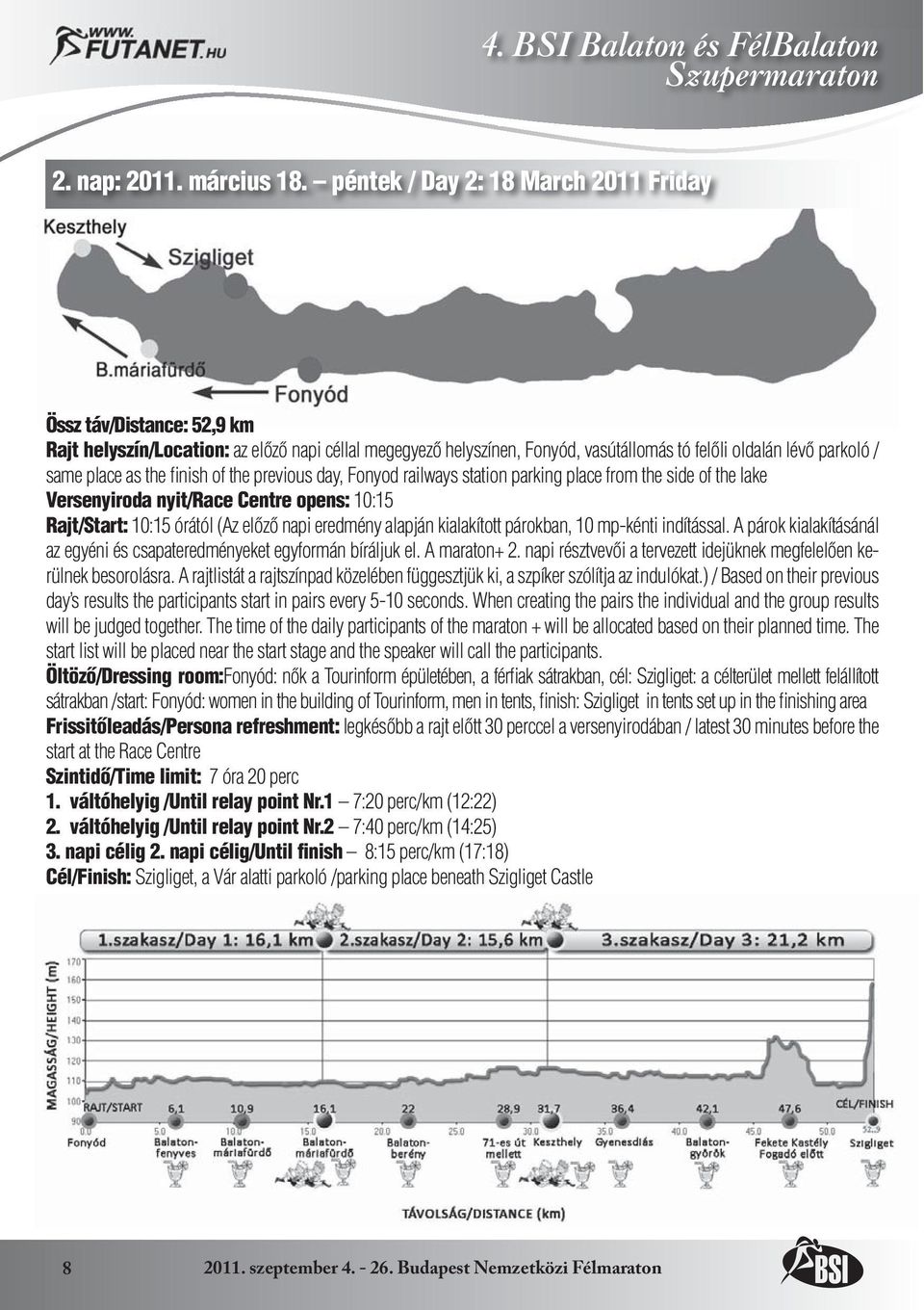 the finish of the previous day, Fonyod railways station parking place from the side of the lake Versenyiroda nyit/race Centre opens: 10:15 Rajt/Start: 10:15 órától (Az elôzô napi eredmény alapján
